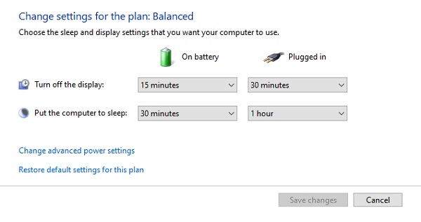 đặt mức on battery và plugged in