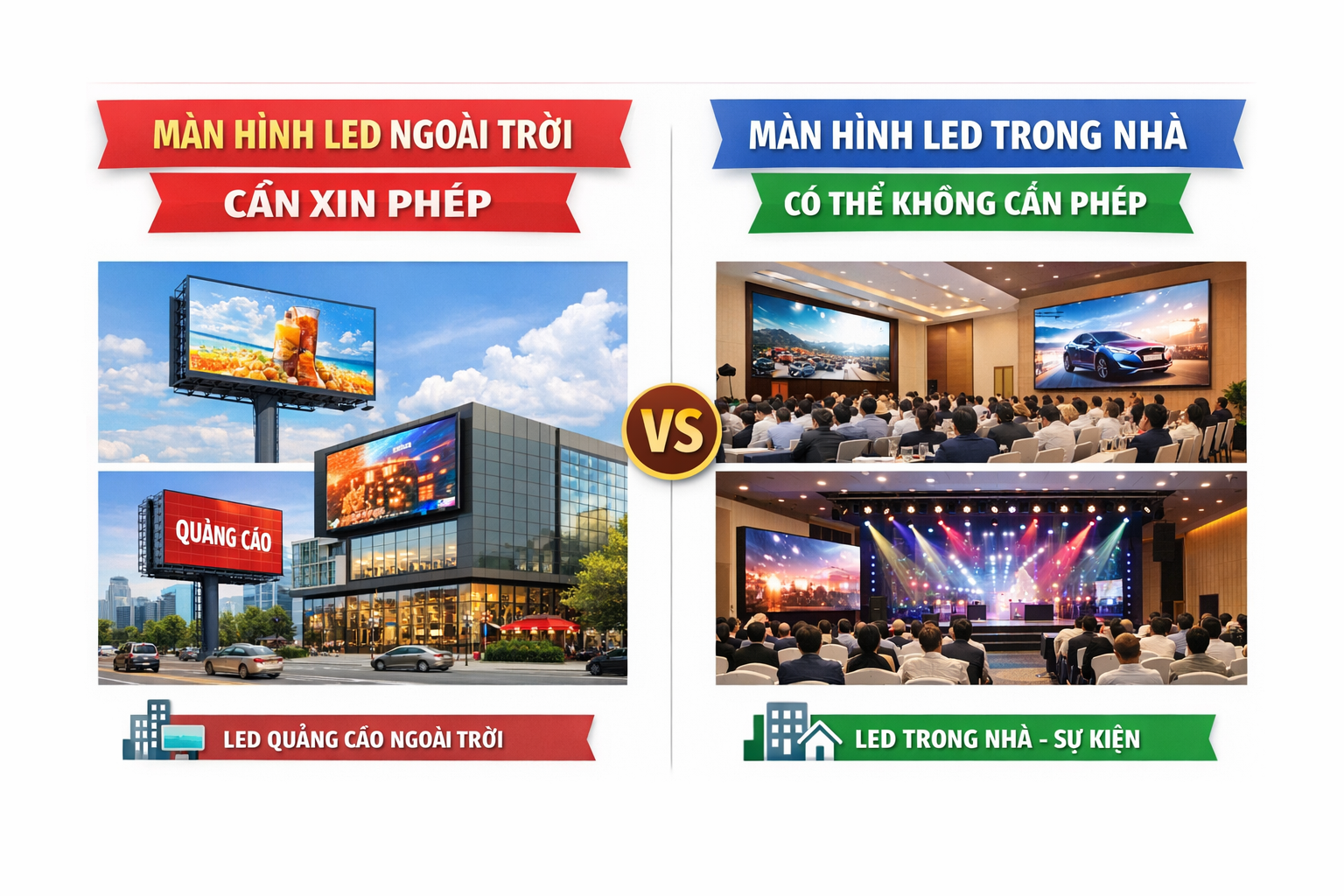 So sánh màn hình LED quảng cáo ngoài trời và LED trong nhà theo quy định xin giấy phép